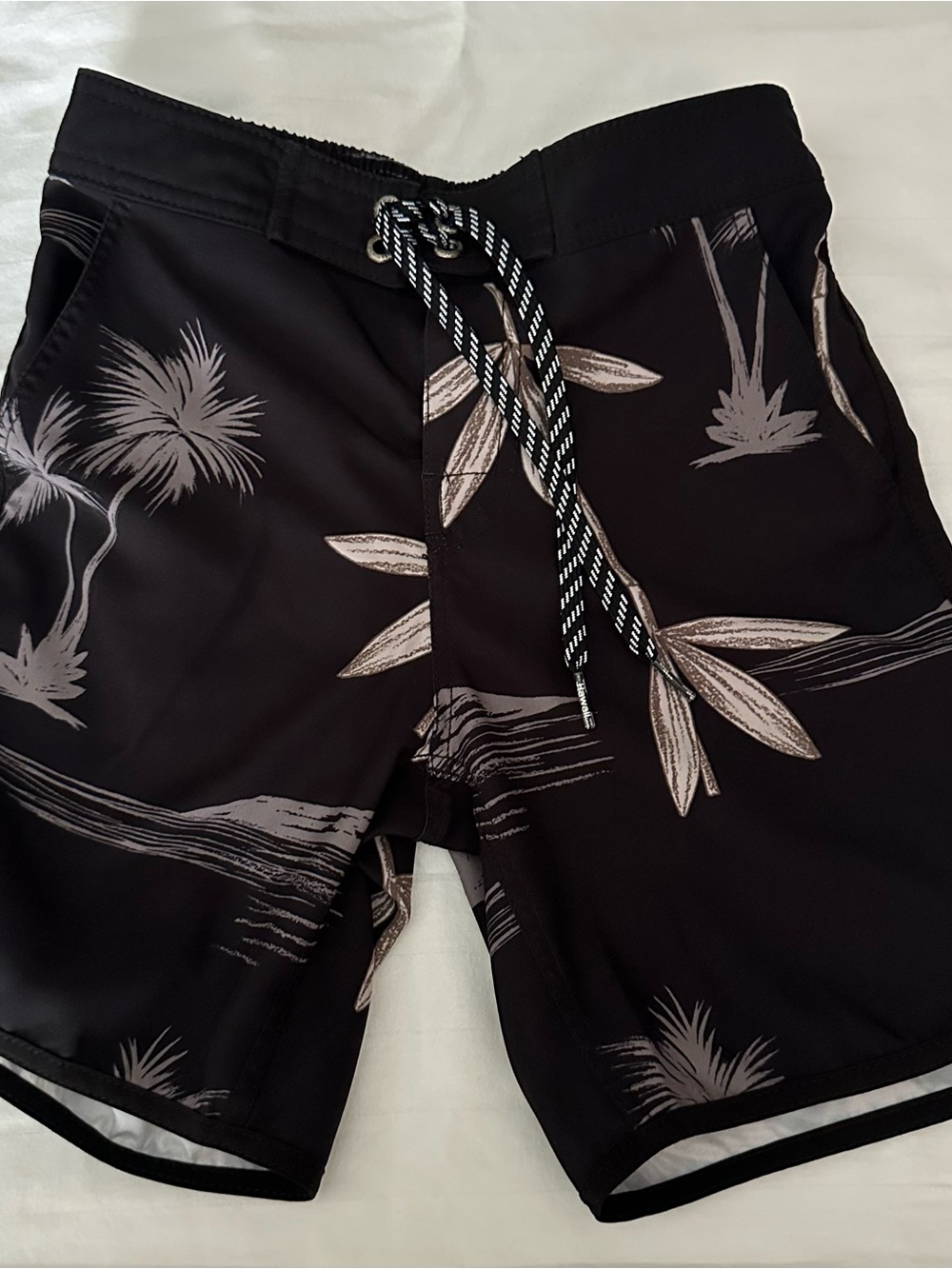 Kids Black Palm-Print Swim Trunks with Drawstring Waist
